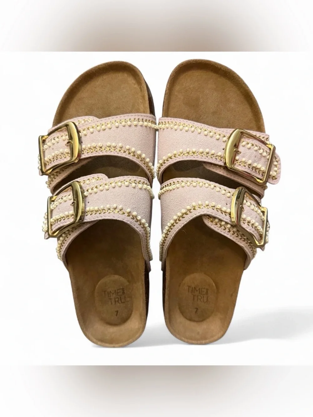 Time and Tru Pink Double-Buckle footbed Studded Slide Sandals